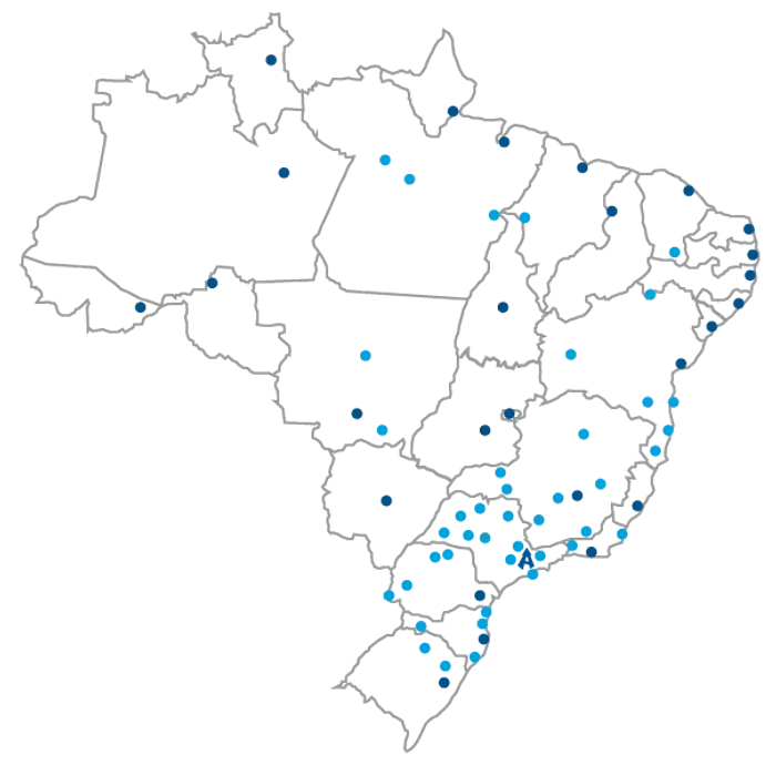 Mapa de cobertura nacional da Arghi, com representantes em todo o Brasil